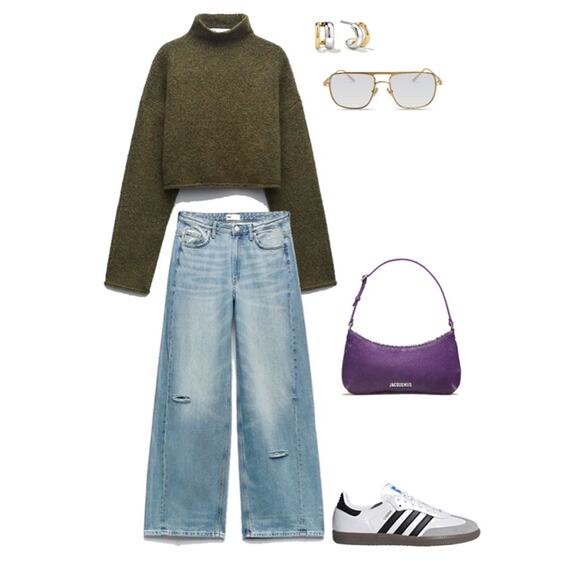 Zara Alpaca Wool Blend Cropped Relaxed Turtleneck Sweater Olive Green L - Picture 2 of 9